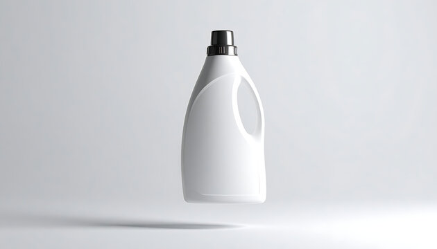 Isolated white plastic bottle with black cap, multipurpose cleaning product container, studio shot