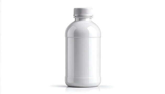 Isolated white plastic bottle with cap, studio shot on a white background, beverage container mockup