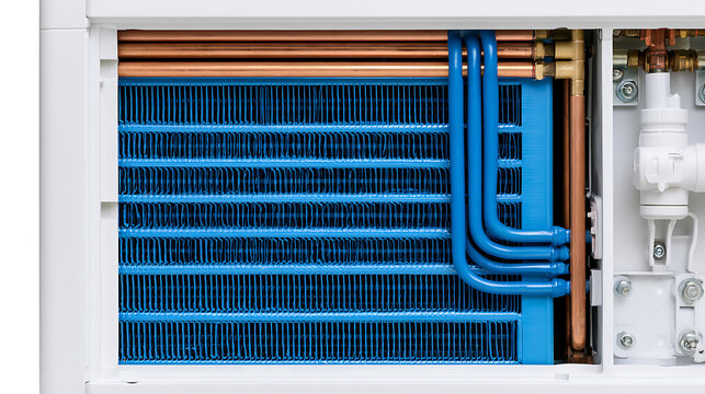 Clean Detailed View of Cooling Coil and Copper Pipes within a Modern Heating, Ventilation, and Air Conditioning System Component
