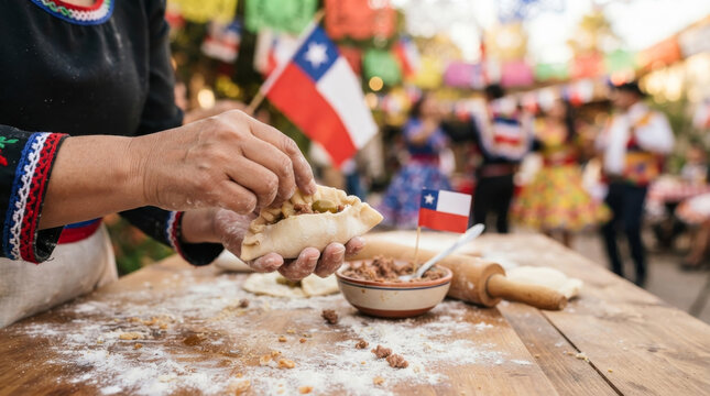Hands preparing traditional Chilean empanadas de pino for Fiestas Patrias celebration. Crowd and flags in background.