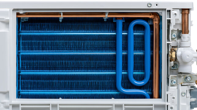 Air Conditioner Evaporator Coil and Copper Pipes for Air Cooling System, Close Up View of HVAC Unit Internal Components
