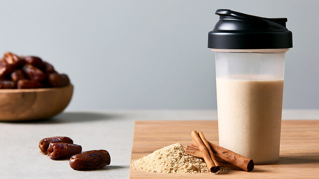 Healthy date and spice beverage in a shaker, with fresh dates, whole spices, and powder, on a light and wood background