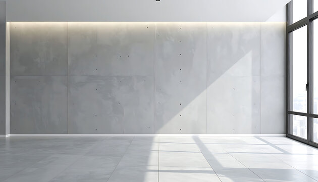 Modern empty loft interior with polished concrete floor, textured gray wall, and large windows casting geometric shadows, architectural background