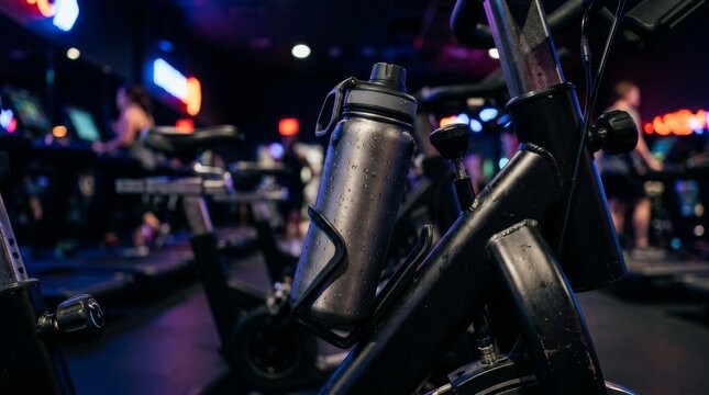Water bottle rests on a stationary bike during a spin class.