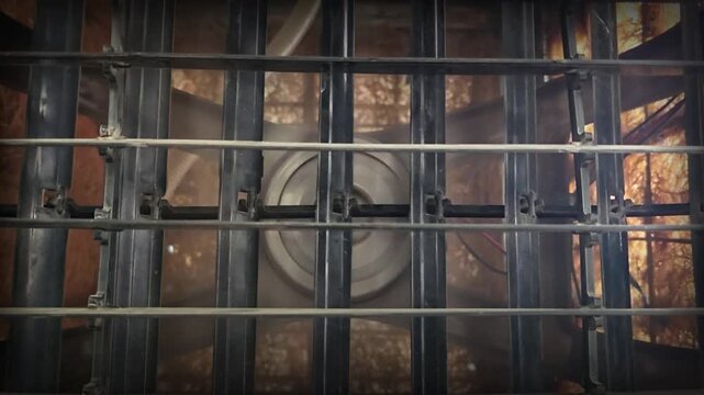 Industrial ventilation fan spinning. Large metal exhaust blower in a factory setting.