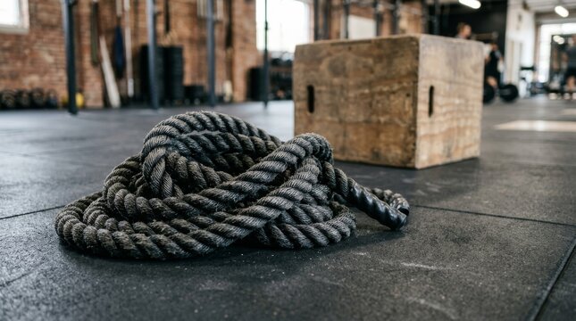 A coiled rope rests on the gym floor beside large wooden boxes.