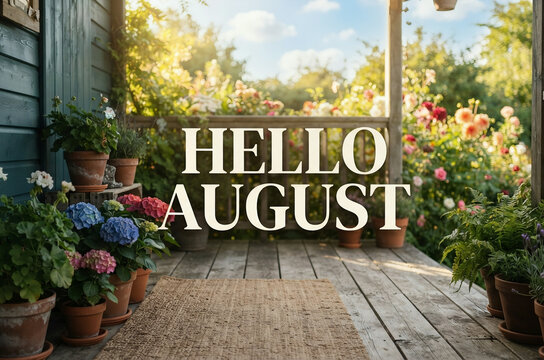 Hello August text overlay on a sunny garden porch with potted flowers.