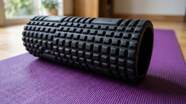 A black textured foam roller rests on a purple yoga mat indoors.