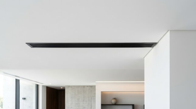 Long black ceiling vent runs across a white modern interior.