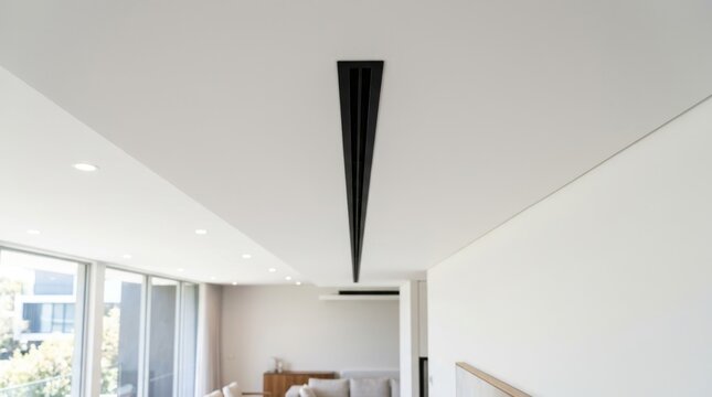 A long slim black ceiling light hangs above a modern white living room.