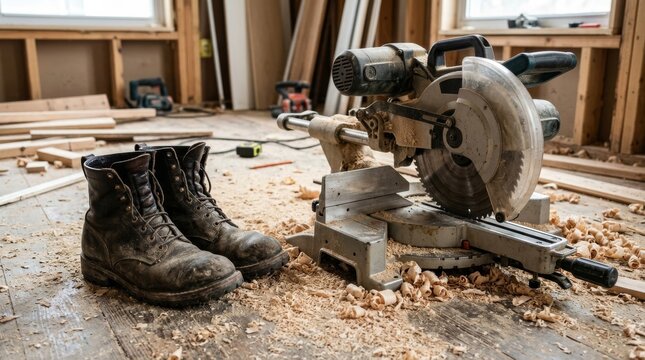 A dusty work site features a miter saw and boots on the floor.