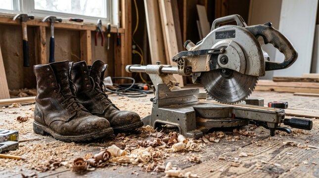 A pair of dirty work boots sits near a dusty circular saw in a workshop.