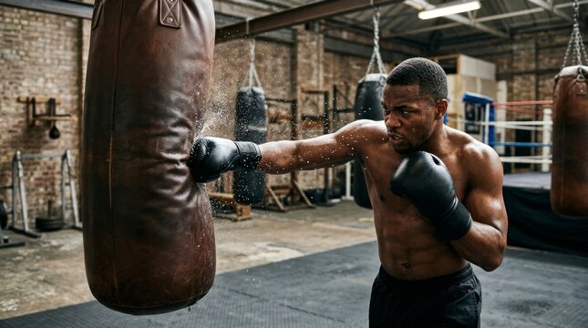 A muscular boxer punches a hanging heavy bag in a gym.