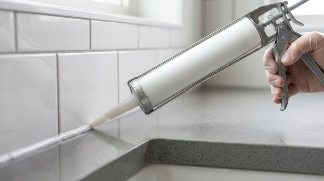 A hand applies white caulk along the tile seam using a caulking gun.