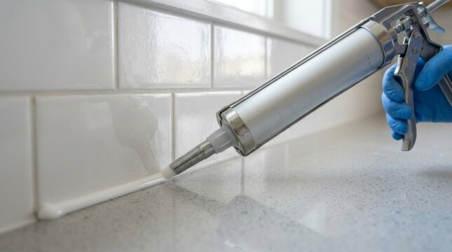 Gloved hand applies white caulk along tiled surface in the bathroom.