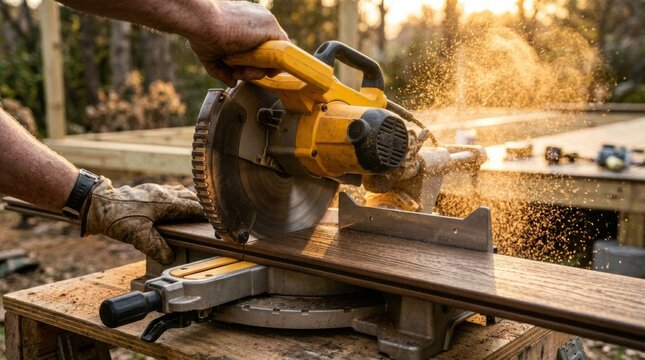 A worker uses a yellow miter saw to cut wooden boards outdoors.