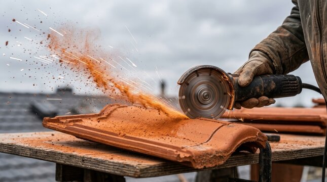 A worker wearing gloves grinds a clay tile with a grinder and sparks fly.