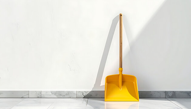 Isolated yellow plastic shovel with wooden handle leaning against a textured white wall, strong sunlight casting long shadows, clean surface, domestic tool