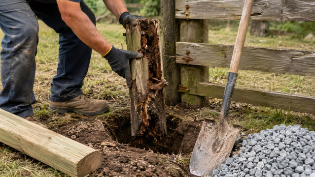 Worker removing rotted wooden post from hole for fence installation. Contractor replacing damaged pillar with new timber. Home improvement, property maintenance, construction service work.