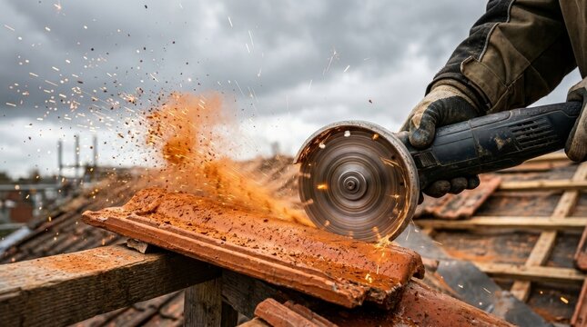Worker uses a grinder to cut brick while sparks fly.