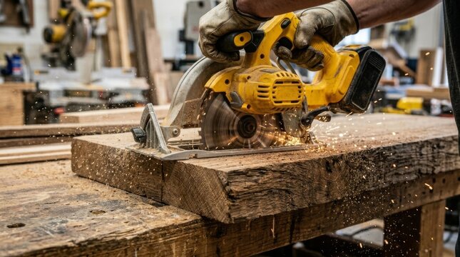 A worker uses a yellow circular saw to cut wood on a bench, sparks fly