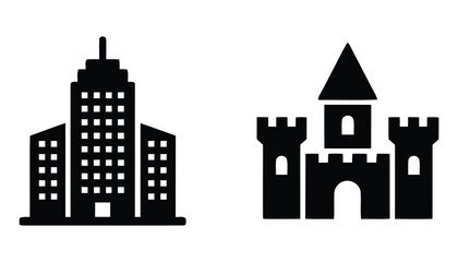 Fototapeta premium High Rise Corporate Office Building and Medieval Castle Fortress Icons Set Minimalist Solid Black Geometric Shapes Vector Pack