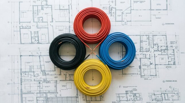 Red, blue, black, and yellow cables lie coiled on top of detailed architectural blueprints.