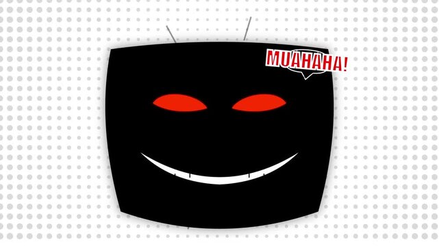 Evil cartoon face with glowing red eyes and laugh text