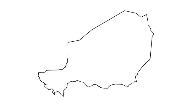 Minimalist niger map outline drawing animation showing border silhouette on white background.