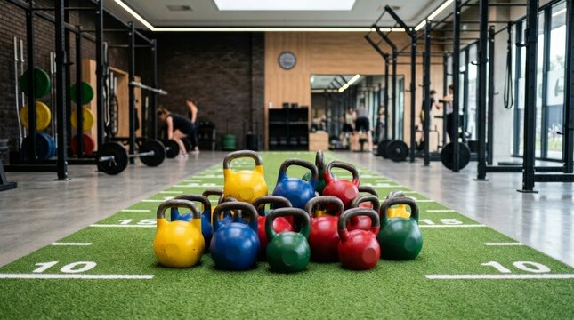 Colorful kettlebells are lined up on green turf inside a gym.