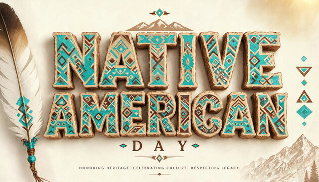 Native american day decorative 3D text with tribal patterns and feathers american indigenous heritage typography feathers tradition celebration