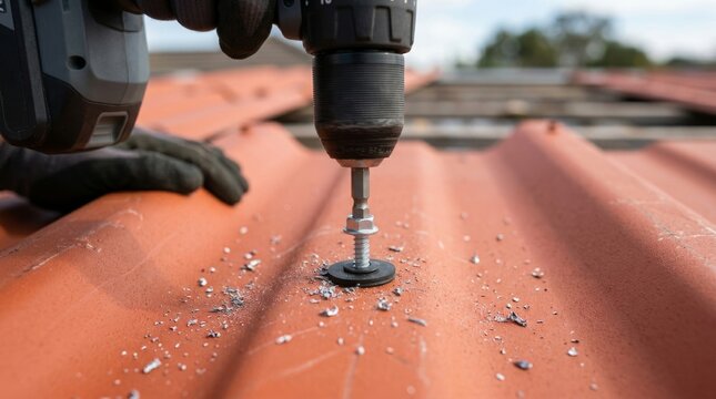 A gloved hand uses a drill on a metal roof panel.
