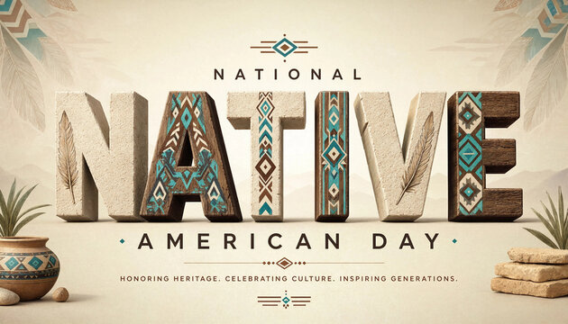 National native american day 3D lettering design with geometric patterns american national indigenous heritage lettering typography patterns