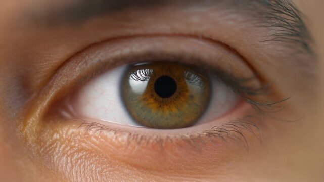 Human eye blinking and opening in close-up macro detail with subtle iris movement during daytime lighting