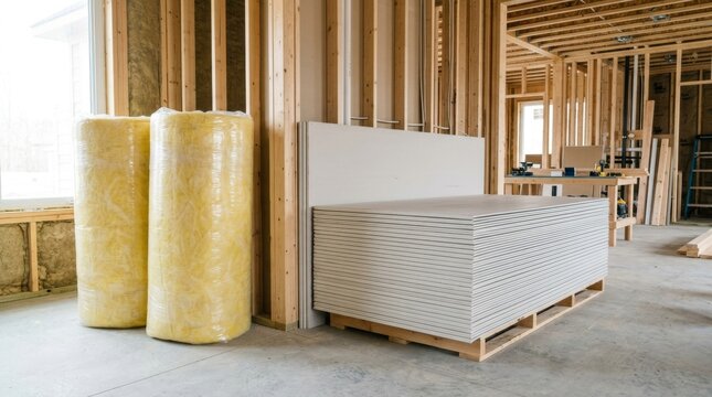 Drywall panels and yellow insulation rolls sit in an unfinished construction room.