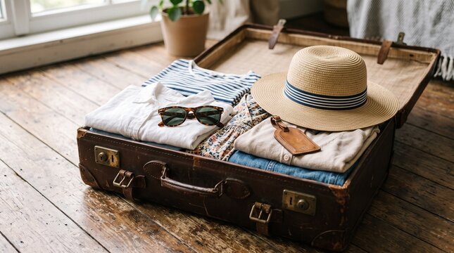 Vintage suitcase packed with summer clothes straw hat sunglasses and luggage tag ready for year end holiday travel vacation