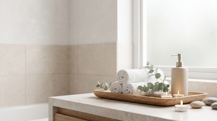 Fototapeta premium Spa bathroom still life with rolled white towels, lotion dispenser, candle, eucalyptus leaves, wooden tray, soft natural light aesthetic