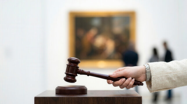 Female hand holding auction gavel at antique painting auction, art market investment and sale finalization