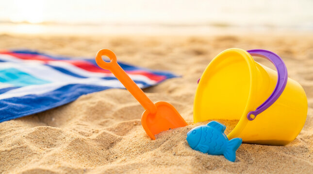 Sandbox plastic bucket with spade and fish mold on golden beach sand, summer holiday fun and children play activity