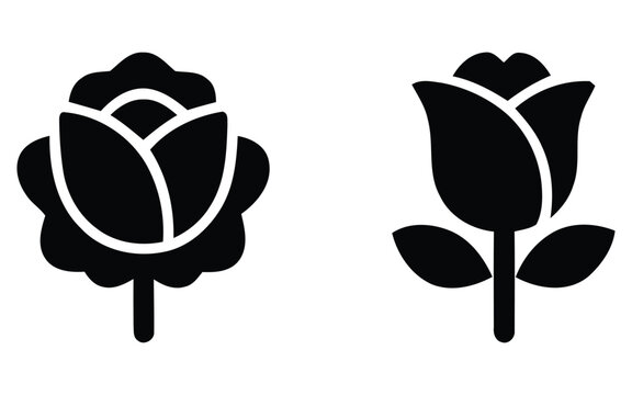 Rose flower and blooming plant icons set, botanical rosebud with stem and leaves vector glyphs