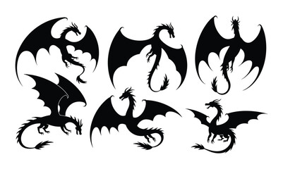 Silhouette of Dragons: A collection of striking black silhouettes of mythical dragons, showcasing their powerful wings, sharp claws, and fierce expressions in various dynamic poses. © Jibit