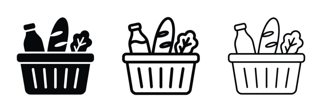 Set of grocery basket icons with bread, milk and lettuce