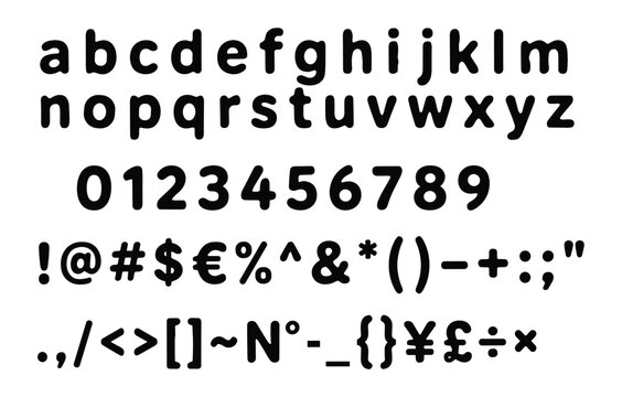 Alphabet and Numbers: A clean layout of lowercase alphabet letters from a to z, numerical digits from 0 to 9, and various special characters and symbols.
