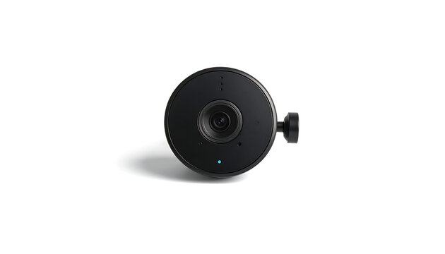 Modern black 360-degree camera with lens and indicator light, isolated on a clean white background, representing surveillance or virtual reality technology