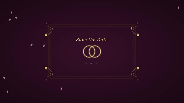 Save the date wedding invitation motion with gold rings and floating petals animation 4k motion gold rings