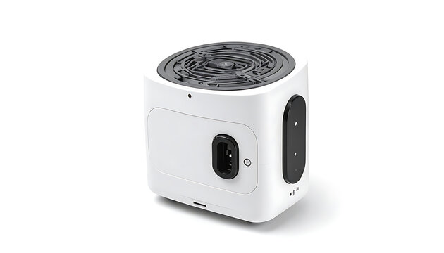 Modern white cube-shaped electronic device with black accents, isolated on a clean studio background, representing technology and innovation