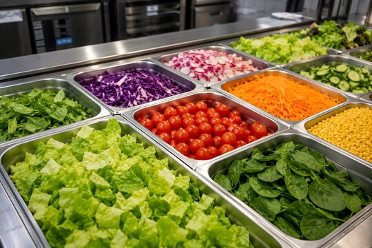 Assorted Fresh Salad Ingredients in Steel Trays