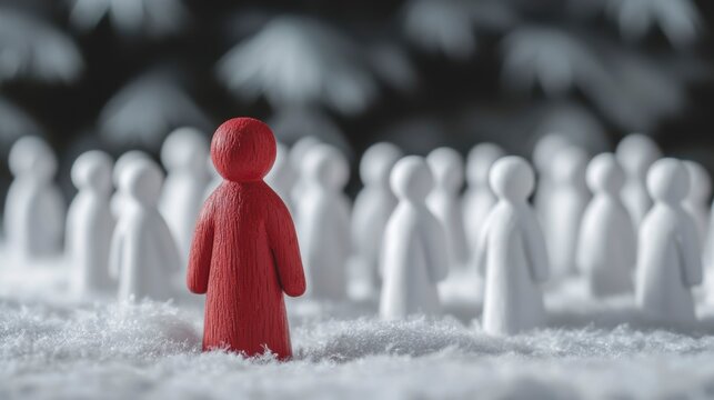 Red figure stands out from a crowd of white figures in snowy setting.