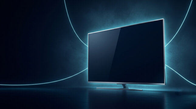 Modern smart TV with glowing neon lines background