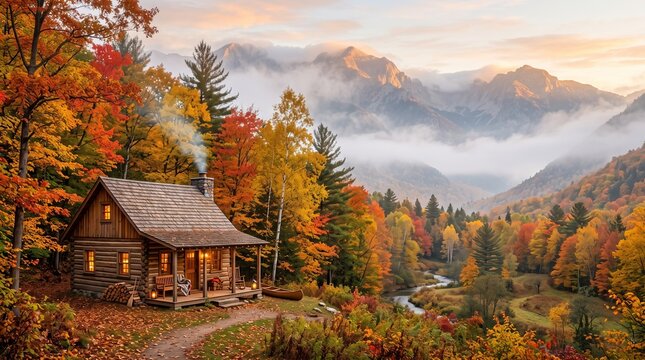 Cozy cabin in autumn landscape with colorful foliage and mountains, Fall Aesthetics 